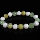 Women 7inch Polished Tibet & Nepal Stone Light Green White Beads Bracelet WZ2072-10M