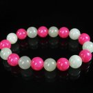 Women 7inch Polished Tibet & Nepal Stone Light Green Hot Pink Beads Bracelet WZ2073-10M
