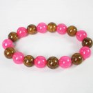 Women 7inch Polished Tibet & Nepal Stone Hot Pink Brown Beads Bracelet WZ2083-10M