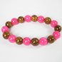 Women 7inch Polished Tibet & Nepal Stone Hot Pink Brown Beads Bracelet WZ2083-10M