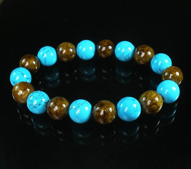 Women 7inch Polished Tibet & Nepal Stone Baby Blue Veins Brown Beads Bracelet WZ2088-10M