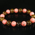 Women 7inch Polished Tibet & Nepal Stone Pink Veins Brown Beads Bracelet WZ2089-10M