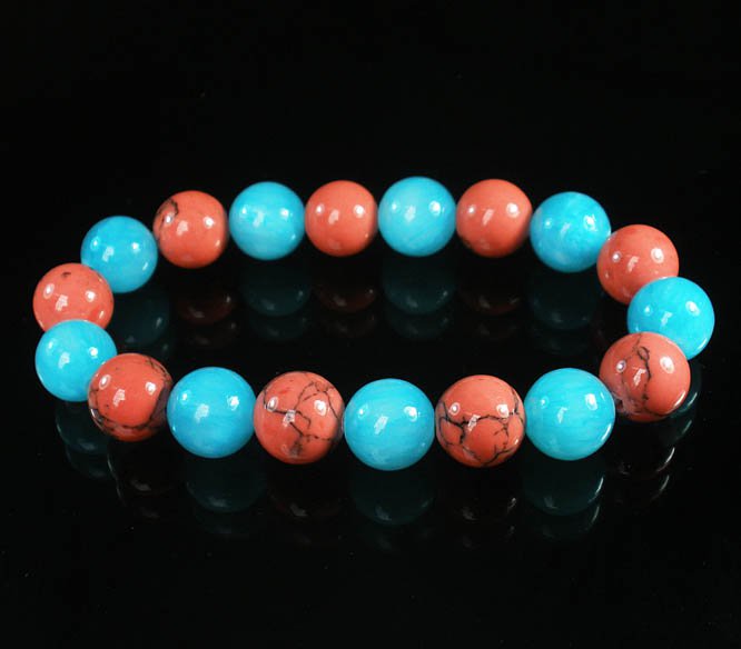 Women 7inch Polished Tibet & Nepal Stone Pink Veins Baby Blue Beads Bracelet WZ2090-10M