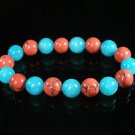 Women 7inch Polished Tibet & Nepal Stone Pink Veins Baby Blue Beads Bracelet WZ2090-10M