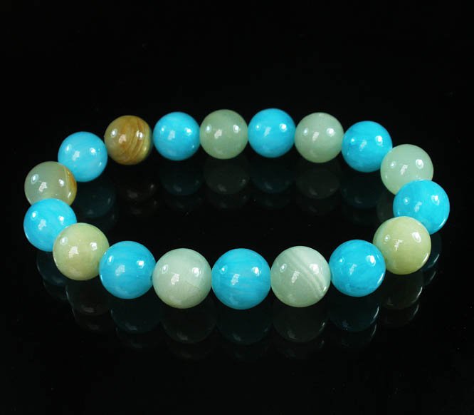 Women 7inch Polished Tibet & Nepal Stone Light Green Baby Blue Beads Bracelet WZ2091-10M