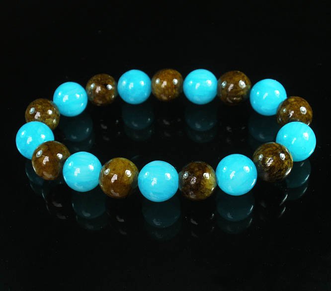 Women 7inch Polished Tibet & Nepal Stone Brown Baby Blue Beads Bracelet WZ2092-10M