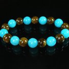 Women 7inch Polished Tibet & Nepal Stone Brown Baby Blue Beads Bracelet WZ2092-10M
