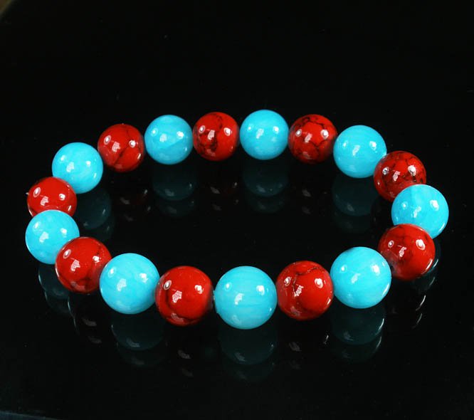 Women 7inch Polished Tibet & Nepal Stone Red Veins Baby Blue Beads Bracelet WZ2093-10M