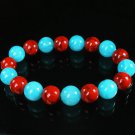 Women 7inch Polished Tibet & Nepal Stone Red Veins Baby Blue Beads Bracelet WZ2093-10M