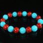 Women 7inch Polished Tibet & Nepal Stone Red Veins Baby Blue Beads Bracelet WZ2093-10M