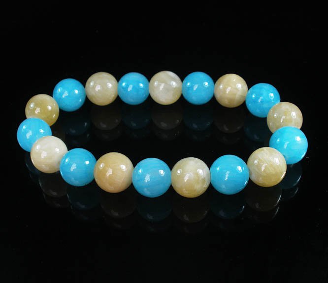 Women 7inch Polished Tibet & Nepal Stone Light Yellow Baby Blue Beads Bracelet WZ2094-10M