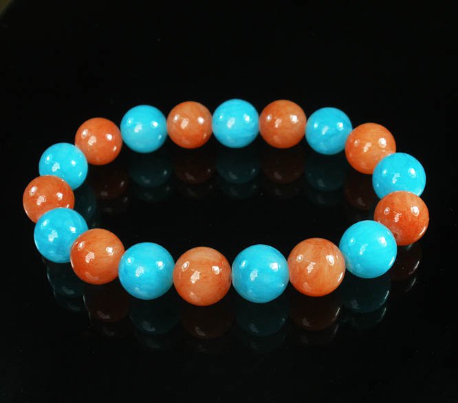 Women 7inch Polished Tibet & Nepal Stone Red-Orange Baby Blue Beads Bracelet WZ2095-10M
