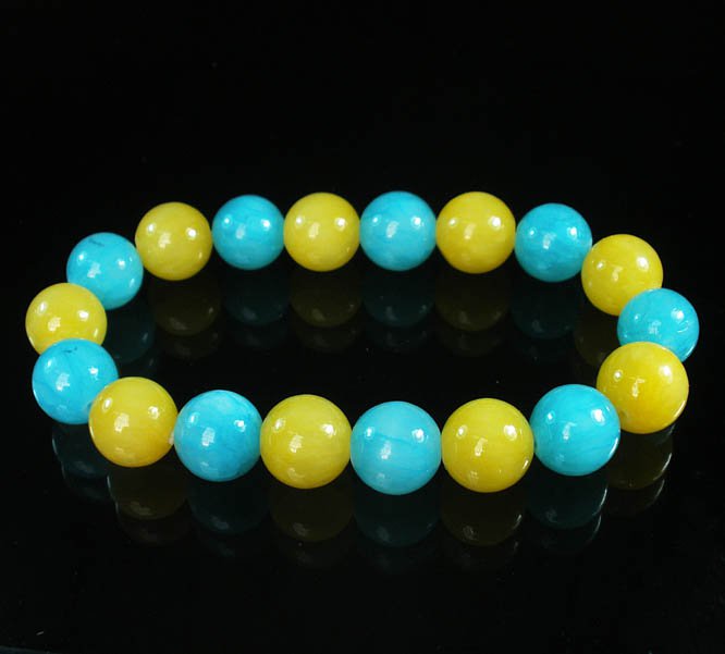 Women 7inch Polished Tibet & Nepal Stone Yellow Baby Blue Beads Bracelet WZ2096-10M