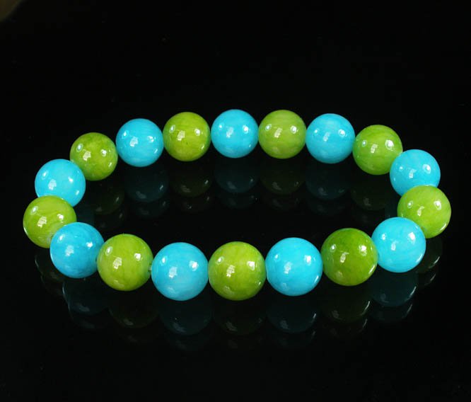 Women 7inch Polished Tibet & Nepal Stone Olive Green Baby Blue Beads Bracelet WZ2097-10M