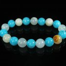 Women 7inch Polished Tibet & Nepal Stone Light White Baby Blue Beads Bracelet WZ2099-10M