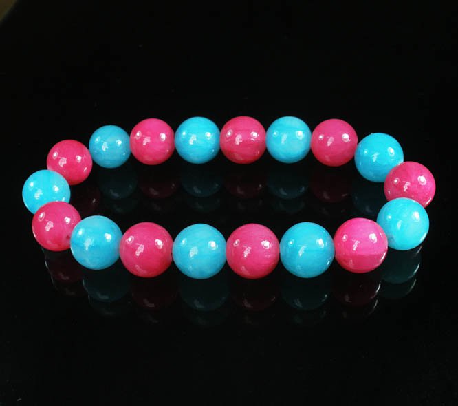 Women 7inch Polished Tibet & Nepal Stone Hot Pink Baby Blue Beads Bracelet WZ2100-10M