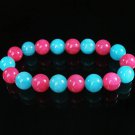 Women 7inch Polished Tibet & Nepal Stone Hot Pink Baby Blue Beads Bracelet WZ2100-10M