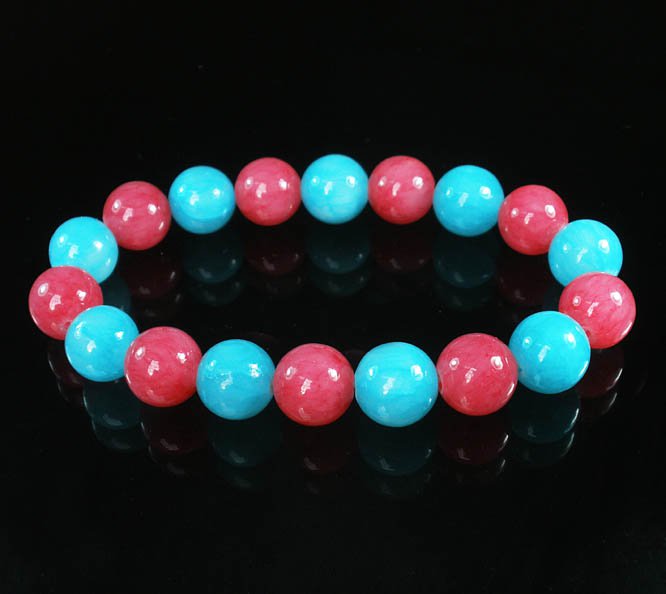 Women 7inch Polished Tibet & Nepal Stone Pink Baby Blue Beads Bracelet WZ2103-10M