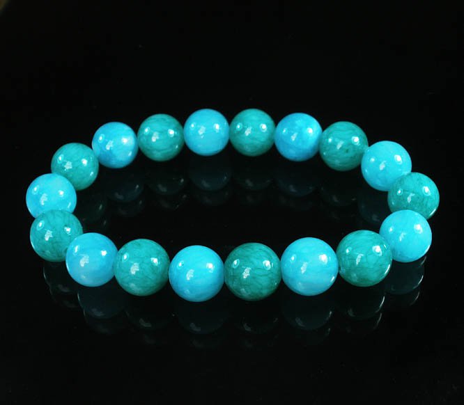 Women 7inch Polished Tibet & Nepal Stone Green Baby Blue Beads Bracelet WZ2104-10M