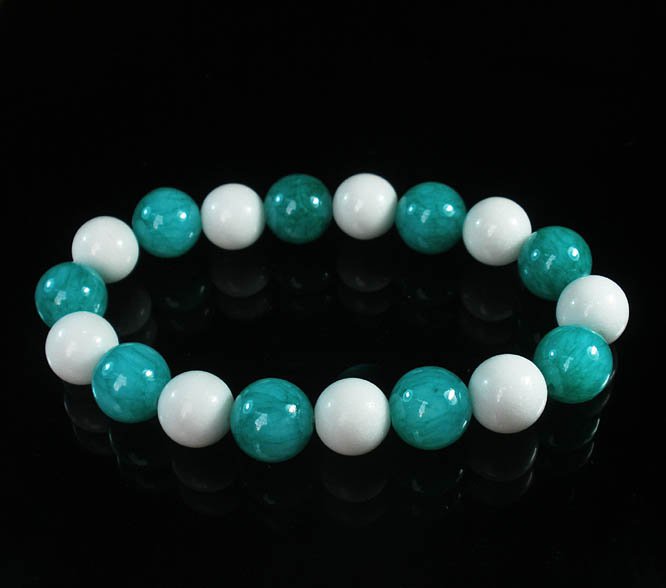 Women 7inch Polished Tibet & Nepal Stone White Green Beads Bracelet WZ2105-10M