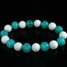 Women 7inch Polished Tibet & Nepal Stone White Green Beads Bracelet WZ2105-10M