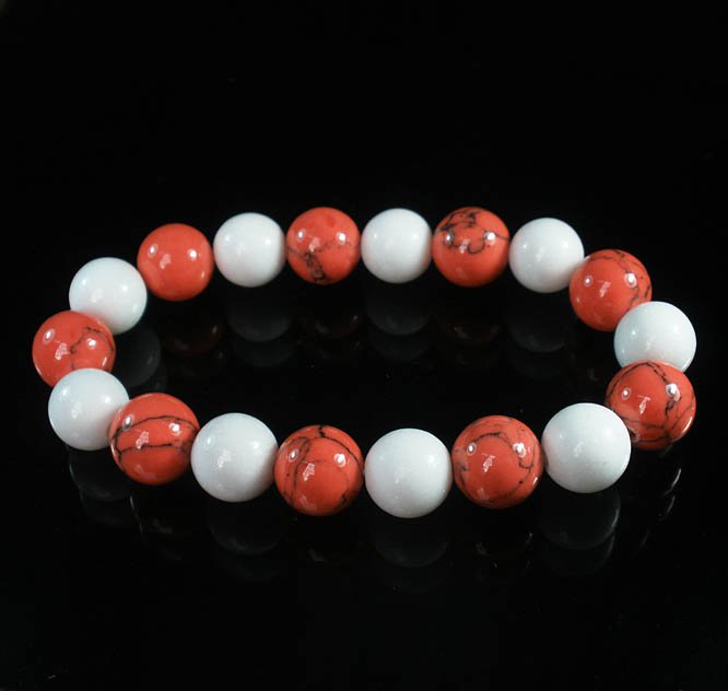 Women 7inch Polished Tibet & Nepal Stone White Pink Veins Beads Bracelet WZ2106-10M