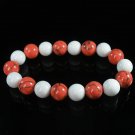 Women 7inch Polished Tibet & Nepal Stone White Pink Veins Beads Bracelet WZ2106-10M