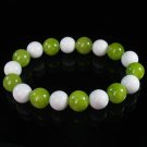 Women 7inch Polished Tibet & Nepal Stone White Olive Green Beads Bracelet WZ2108-10M
