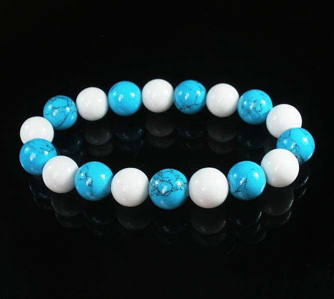 Women 7inch Polished Tibet & Nepal Stone White Baby Blue Veins Beads Bracelet WZ2111-10M