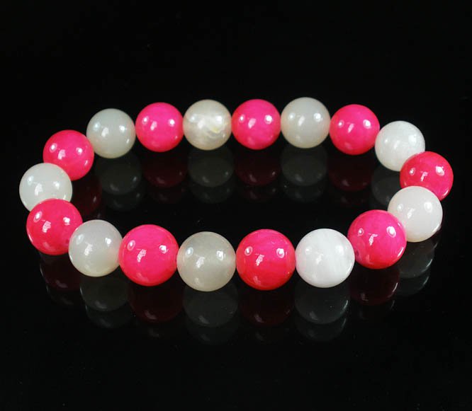 Women 7inch Polished Tibet & Nepal Stone Hot Pink Light White Beads Bracelet WZ2119-10M