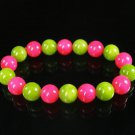Women 7inch Polished Tibet & Nepal Stone Hot Pink Olive Green Beads Bracelet WZ2122-10M