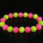 Women 7inch Polished Tibet & Nepal Stone Hot Pink Olive Green Beads Bracelet WZ2122-10M