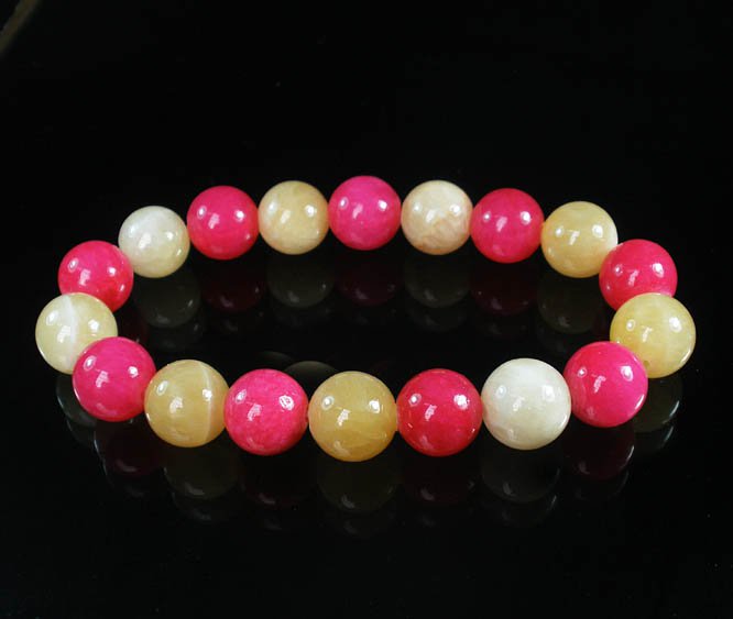 Women 7inch Polished Tibet & Nepal Stone Hot Pink Light Yellow Beads Bracelet WZ2124-10M