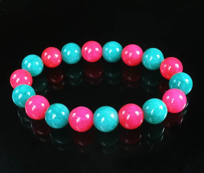 Women 7inch Polished Tibet & Nepal Stone Hot Pink Green Beads Bracelet WZ2125-10M