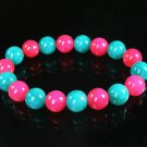 Women 7inch Polished Tibet & Nepal Stone Hot Pink Green Beads Bracelet WZ2125-10M