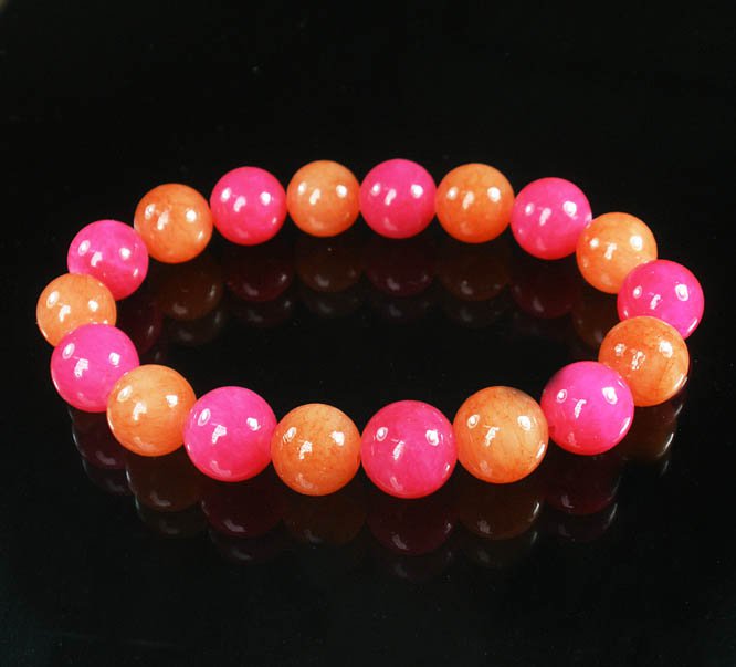 Women 7inch Polished Tibet & Nepal Stone Hot Pink Red-Orange Beads Bracelet WZ2126-10M