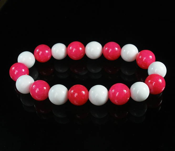Women 7inch Polished Tibet & Nepal Stone Hot Pink White Beads Bracelet WZ2127-10M