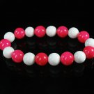 Women 7inch Polished Tibet & Nepal Stone Hot Pink White Beads Bracelet WZ2127-10M