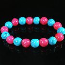Women 7inch Polished Tibet & Nepal Stone Hot Pink Baby Blue Vein Bead Bracelet WZ2128-10M
