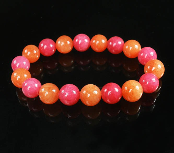 Women 7inch Polished Tibet & Nepal Stone Pink Red-Orange Beads Bracelet WZ2132-10M