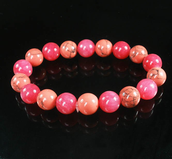 Women 7inch Polished Tibet & Nepal Stone Pink Pink Veins Beads Bracelet WZ2139-10M