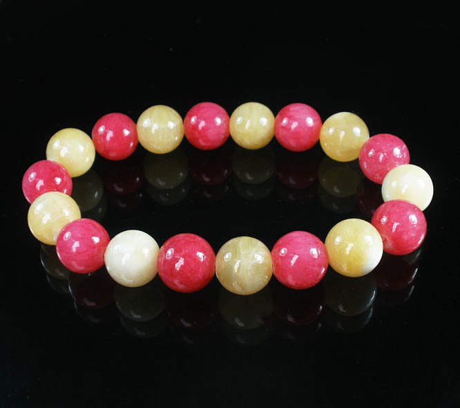 Women 7inch Polished Tibet & Nepal Stone Pink Light Yellow Beads Bracelet WZ2140-10M