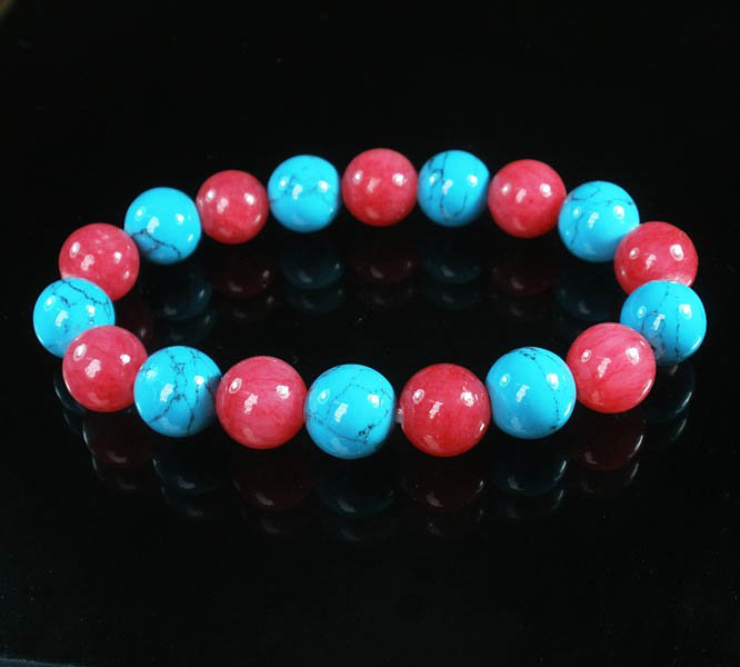 Women 7inch Polished Tibet & Nepal Stone Pink Baby Blue Veins Beads Bracelet WZ2141-10M