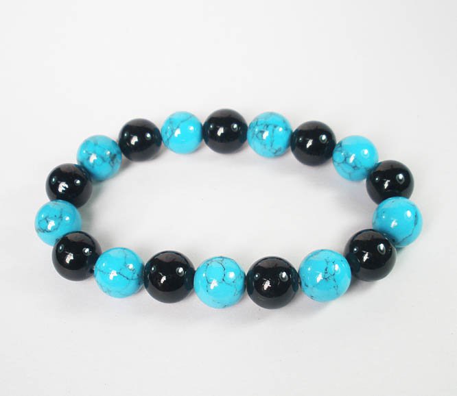 Women 7inch Polished Tibet & Nepal Stone Black Baby Blue Veins Beads Bracelet WZ2142-10M