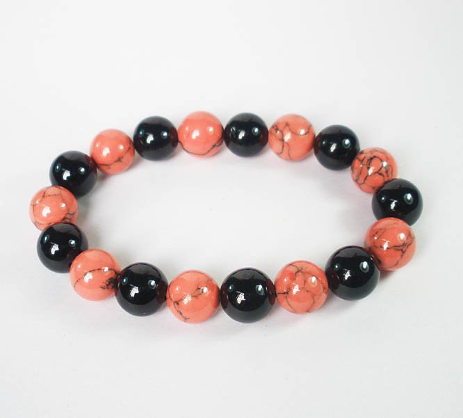 Women 7inch Polished Tibet & Nepal Stone Black Pink Veins Beads Bracelet WZ2143-10M