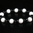 Women 7inch Polished Tibet & Nepal Stone White Black Beads Bracelet WZ2144-10M