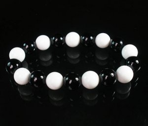 Women 7inch Polished Tibet & Nepal Stone White Black Beads Bracelet WZ2144-10M