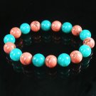 Women 7inch Polished Tibet & Nepal Stone Green Pink Veins Beads Bracelet WZ2170-10M