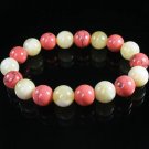 Women 7inch Polished Tibet & Nepal Stone Light Yellow Pink Veins Bead Bracelet WZ2171-10M