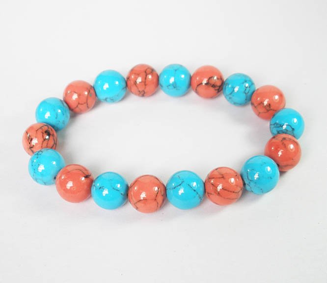 Women 7inch Polished Tibet & Nepal Stone Baby Blue Pink Veins Beads Bracelet WZ2172-10M